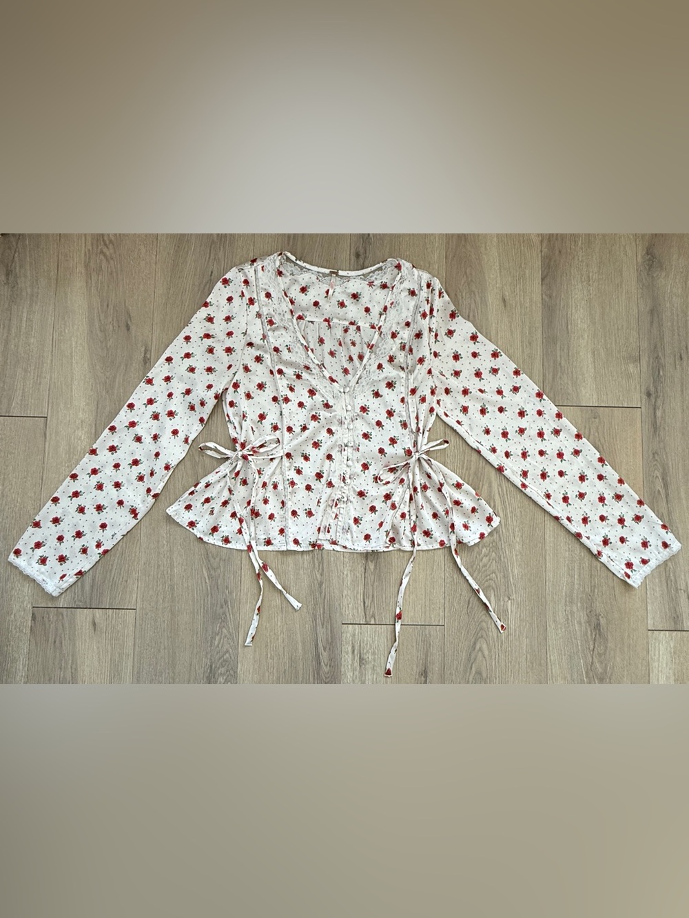 Free People Women’s Field Of Roses Satin Blouse Button Lace and Ties Size Small